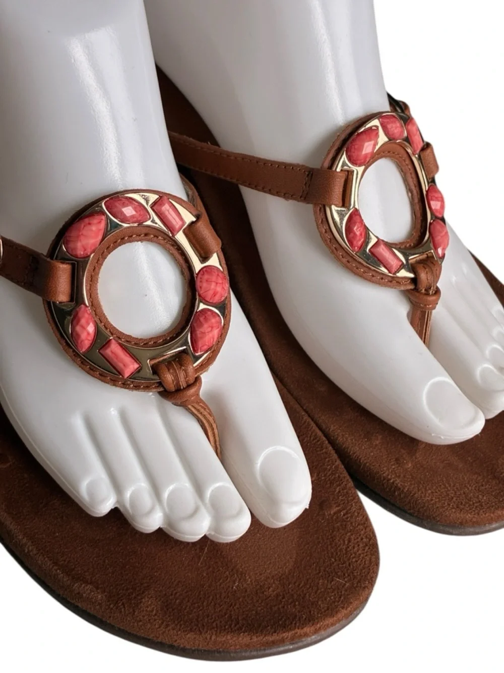 Vionic Ricci Sandals 7 Brown Leather Pink Gem Thong Comfort